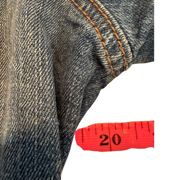 Express Jeans Blue Distressed Long Denim Jacket Red Rose Floral Embroidery Small - Picture 4 of 9